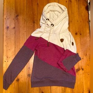 Wanakome Women’s medium color block hoodie in cream, magenta, and purple!